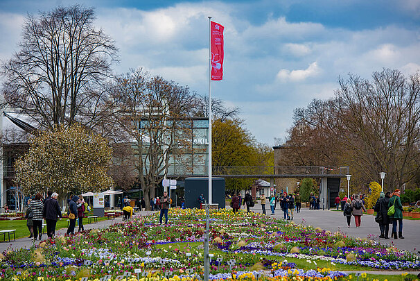 View of a flower bed at the BUGA 2021 in Erfurt, next to which people are walking across a path