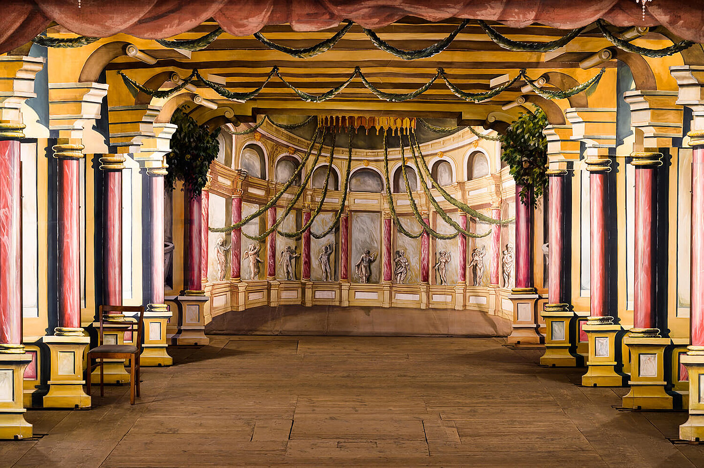 The stage of the baroque Ekhof-Theatre with stage machinery, which is still functioning to this day.